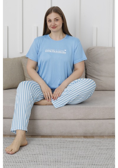 Wordex Mirano 3503 Çizgili Pijamalı Kısa Kollu Büyük Beden Pegasus Kumaş Kadın Pijama Takımı Mavi Wordex Mirano 3503 Çizgili Pijamalı Kısa Kollu Büyük Beden Pegasus Kumaş Kadın Pijama Takımı Mavi