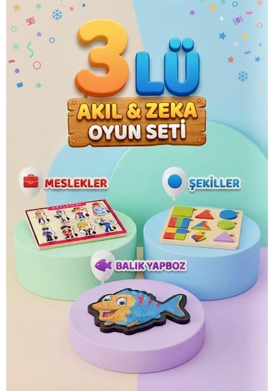 Eğlenceli Eğitici Ve Öğterici 3'lü Ahşap Yapboz Hikayeli Yapboz Ve Bul-tak Oyun Seti Çok Renkli