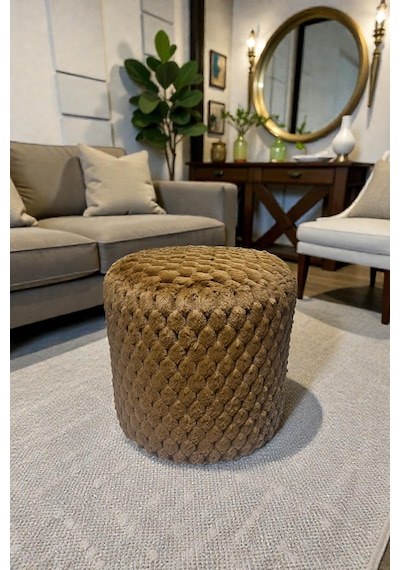 Silindir Puf - Mılano Yumuşak Rabbit Kumaş Tavşan Tüyü Modern Konforlu Dekoratif Puf&bench Hardal