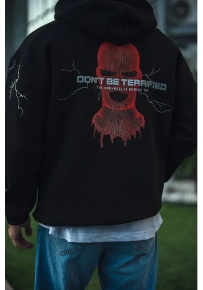 Vexor Üç İplik Kapüşonlu Baskılı Oversize Sweatshirt- Siyah