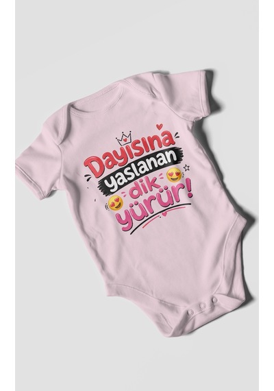 Morivokids Dayısına Yaslanan Dik Yürür Kısa Kollu Bebek Body %100 Pamuk Zbn255-kk Bebe Pembe
