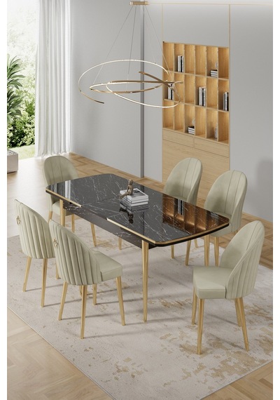 Canisa Rada Serisi 80x132 Açılabilir Lak Panel Siyah Mermer Desen Masa 6 Krem Sandalye Gold Detay Masa Siyah Mermer Desen Sandalye Krem Gold Ayak Canisa Rada Serisi 80x132 Açılabilir Lak Panel Siyah Mermer Desen Masa 6 Krem Sandalye Gold Detay Masa Siyah Mermer Desen Sandalye Krem Gold Ayak