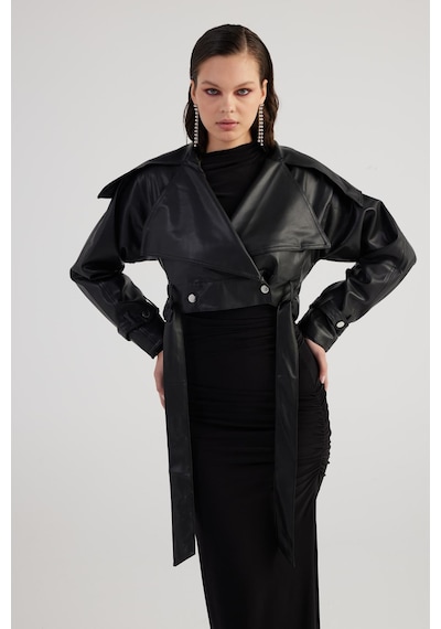 Holly Lolly Crop Model Astarlı Kemerli Neeko Deri Ceket Siyah
