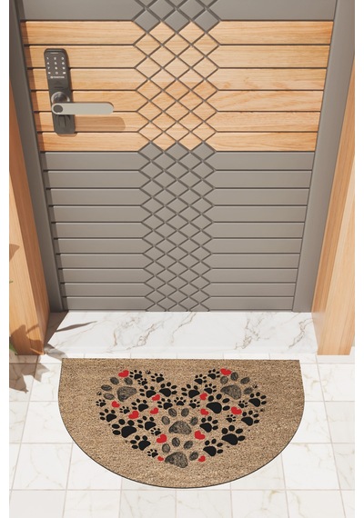 Rugmood Modern Dijital Paspas Kahverengi Kalp Ve Patiler - Kapı Önü Paspası