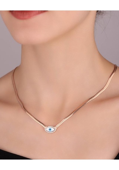 İtalyan Balıksırtı Zincirli Opal Göz Gümüş Kolye Rose Gold