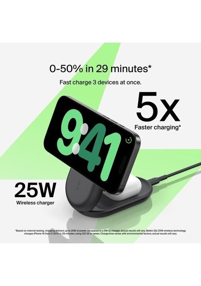 Belkin Wız037kqbk 3-in-1 Katlanabilir Manyetik Qi2 25w Kablosuz Şarj Standı - Siyah