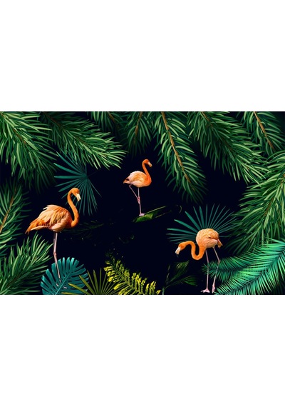 Yeşil Yapraklar Ve Flamingo Desenli Duvar Kağıdı