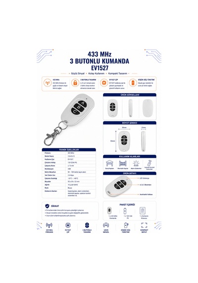 433 Mhz 3 Butonlu Kumanda - Ev1527