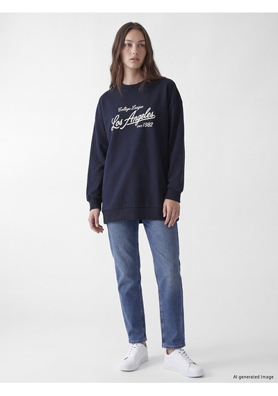 Lcw Modest Lacivert Baskılı Kadın Kalın Sweatshirt Tunik