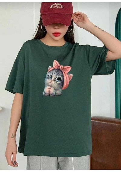 Kozia Outdoors Sevimli Kedi Baskılı Oversize Basic O Yaka Unisex T-shirt Yeşil