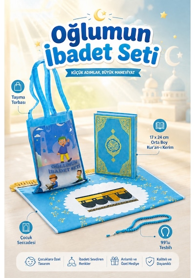 Çantalı Erkek Çocuk İbadet Seti Mavi Kabe Motifli İsimli Seccade Orta Boy Kuranı Kerim Tesbihli