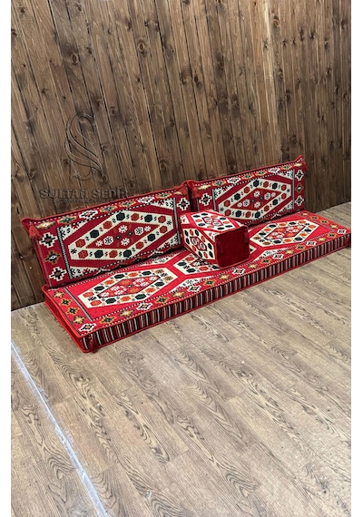 Turkıshrug Kıngdom Yörük - Kilim Şark Köşesi, Yer Minderi Takımı 28 Dansit Sert Süngerli 4 Parça Kırmızı