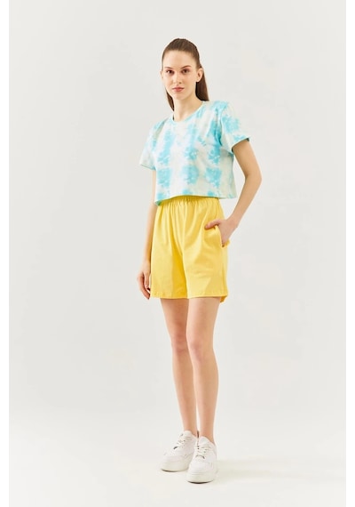 Kadın Oversize Rahat %100 Pamuklu Penye Bisiklet Yaka Kısa Kol Basic Crop T-shirt Batik Doğa