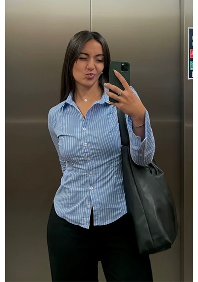 Seeh Mavi Uzun Kollu Vücuda Oturan Gömlek Sh356 Basic