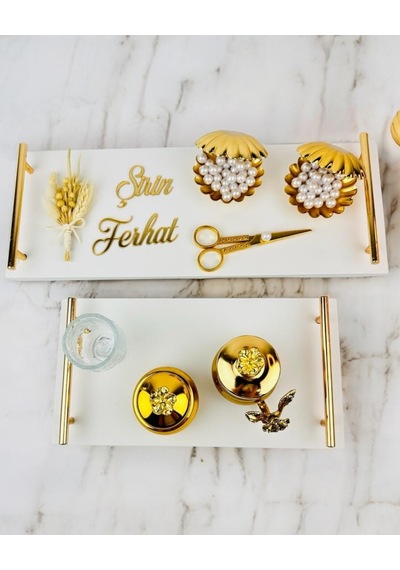Bond Gold Söz Ve Mermer Nişan Tepsisi Beyaz Beyaz