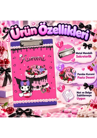 Bakgelal Kuromi Pembe Pasta Ve Kalp Temalı Metal Mandal Klipsli Sekreterlik Ve Bloknot Altlığı A4 Uyumlu - 9083911472365