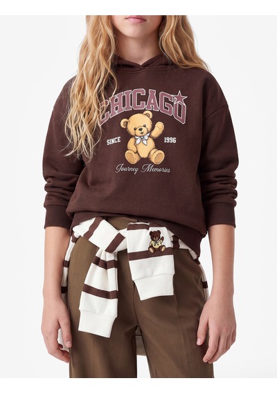 Koton Ayıcık Baskılı Şardonluuzun Kollu Kapşonlu Sweatshirt Kahverengi 7wkg10369ak Kahve