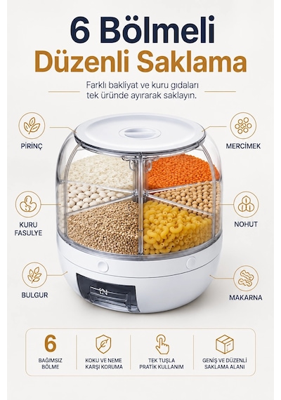 Çok Bölmeli Bakliyat Ve Kuru Gıda Saklama Kabı Döner Sistemli Ölçülü Dağıtıcılı Çok Renkli