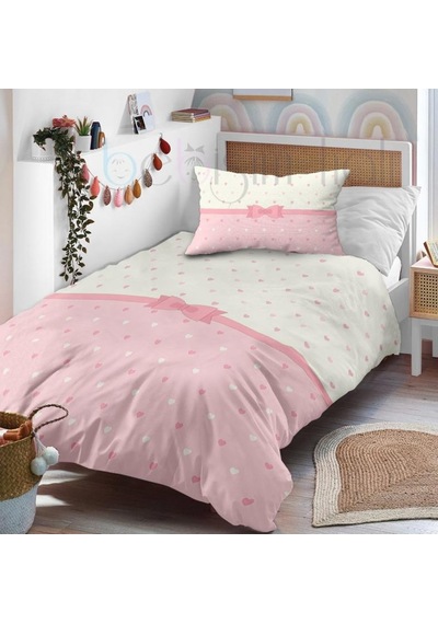 Pembe Kalp Puantiye Kurdale Desenli Tek Kişilik Bebek Çocuk Nevresim Takımı