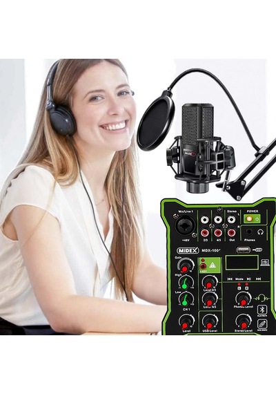 Midex Mx-2020 Functional Paket-2 Stüdyo Mikrofon Ses Kartlı Mikser Kulaklık Stand