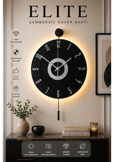 MetaQuartz Aksesuar Full Siyah - Gümüş Rakam - Kardelen 7-24 Kablosuz Pilli Led Modern Dekoratif Duvar Saati