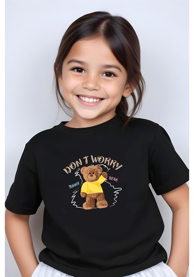 Panios Kids Worry Bear Baskılı Kız Çocuk Kısa Kollu T-shirt Siyah