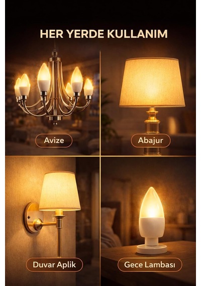 Tr 8w Led Ampul, E14 Duy, 3200k Sıcak Işık, Mum Tipi Genel
