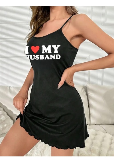 Sebalma Fashion I Love My Husband Yazılı Askılı Pamuklu Penye Gecelik Siyah