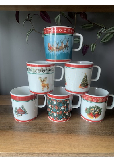 Yeni Yıl-noel Karışık Model 6 Kişilik Porselen Kupa Çok Renkli