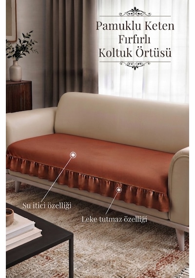 Lüx Fırfırlı Koltuk Örtüsü Bohem Pamuklu Keten Leke Tutmaz Su İticili Koltuk-çekyat Örtüsü Kiremit