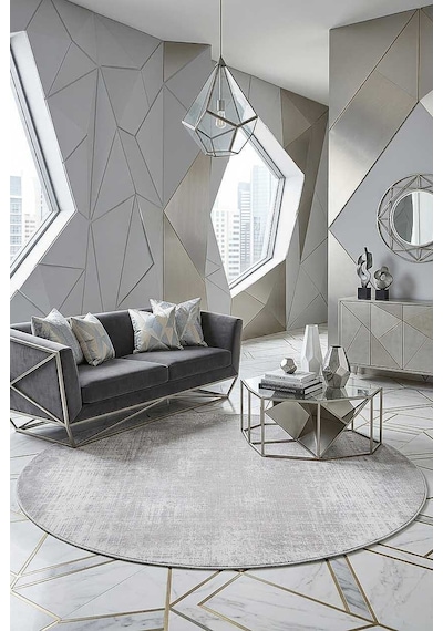 Geometrik Abstract Desenli Prato İpeksi Lüks Viskon Yuvarlak Halı Pr06 Gri Gri-bej