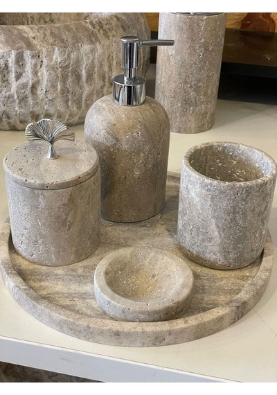 Yeni Silver Gümüş Traverten 9'lu Lavabo Ve Kaseli Banyo Takımı Beyaz