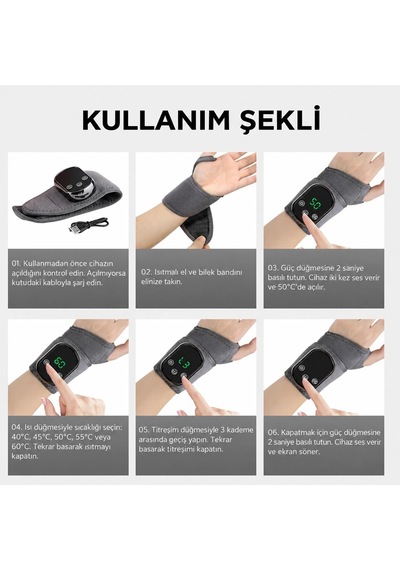 Valkyrie Isıtmalı Titreşimli El Bilek Masaj Aleti Şarjlı 5 Isı Ayarlı 3 Kademeli Masaj Destekli Gri