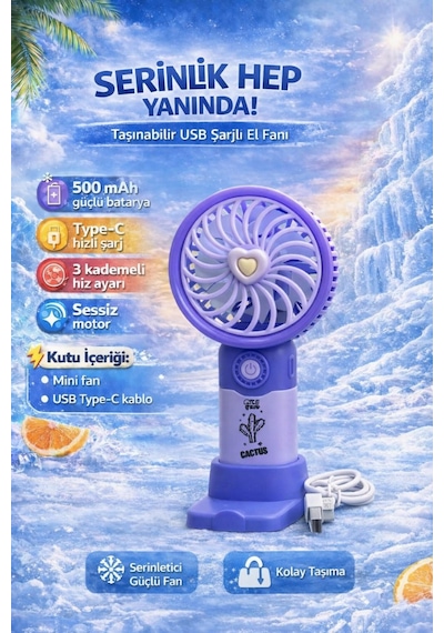 Fit Mor Mini Taşınabilir Sessiz El Fanı 3 Hız Ayarlı Mini El Pervanesi Soğutucu-vantilatör