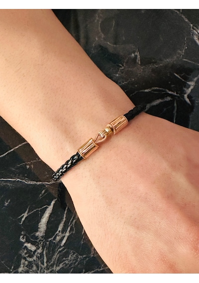 Erkek Bileklik, Kancalı Model Şık Deri Kordon, Gümüş Rose Altın K