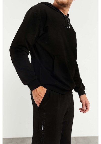 Tommy Life Siyah Kapüşonlu Kanguru Cep Lastik Paça Erkek Oversize Eşofman Takımı - 85117 Siyah