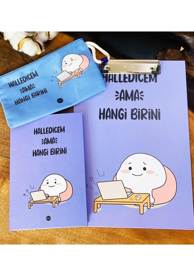 Halledicem Ama Hangi Birini Tasarımlı Sekreterlik Defter Ve Kalemlik Kırtasiye Seti Mavi