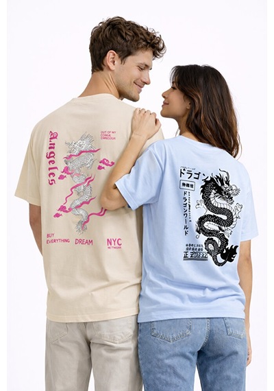 Sevgili Kombini Dragon Baskılı Çift Tişört Oversize Unisex Street Bej