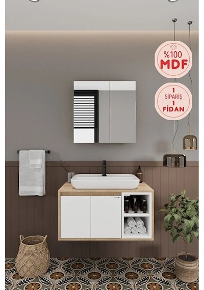 Lale Beyaz 80 Cm %100 Mdf Lavabolu Banyo Dolabı + Aynalı Dolap Beyaz Meşe Lale Beyaz 80 Cm %100 Mdf Lavabolu Banyo Dolabı + Aynalı Dolap Beyaz Meşe