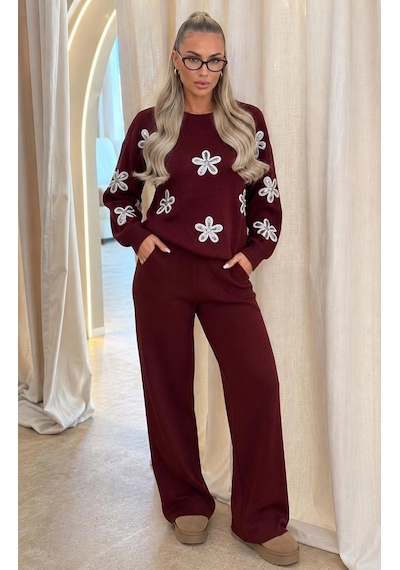 Elora Atelier Bordo Çicek İşlemeli Tiriko Takım