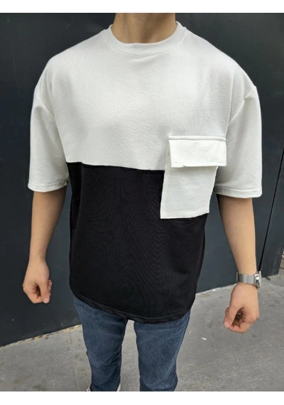 Erkek Kısa Kol Yazlık Tişört Torba Cepli Parçalı T-shirt - Siyah
