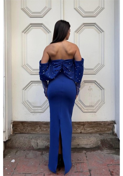 Lior Design Kadın İnce İşçilik Esnek Tül Kumaş Straplez Abiye Elbise Saks