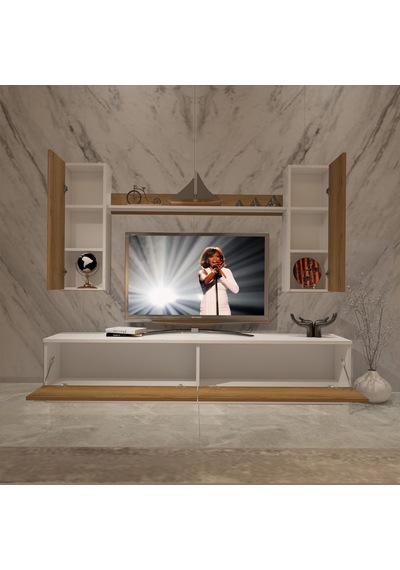 Decoraktiv Eko 5db Mdf Std Tv Ünitesi Tv Sehpası - Beyaz Pera Beyaz - Meşe