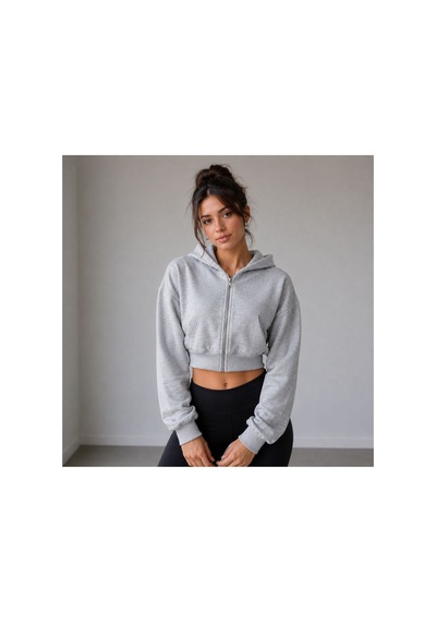 Herkesemoda Kadın Grimelanj Fermaurlı Kapüşonlon 2 İplik Şardonlu Crop Sweatshirt Gri