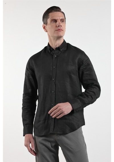 İmza Siyah Keten Düğmeli Yaka Uzun Kol Cepsiz Slim Fit Keten Gömlek 1004260161 XL