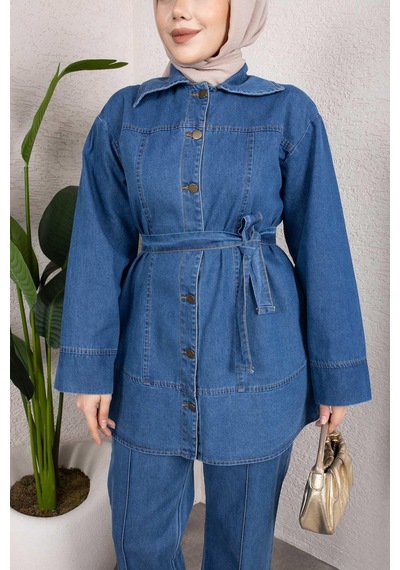 Misskayle Kuşaklı Düğmeli Denim Takım Rahat Kesim İkili Kombin Açık Mavi Açık