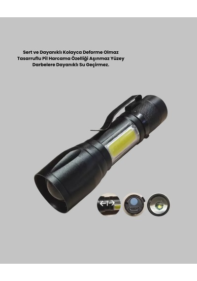 4 Mod Şarjlı Işıldak Ultra Güçlü Cree Led Su Geçirmez Alüminyum Gövde Siyah