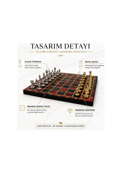 Lüks Metal Satranç Takımı Krom Figürlü 20x20 Cm Kırmızı Tahta Dekoratif Koleksiyon Hediye Seti Özel