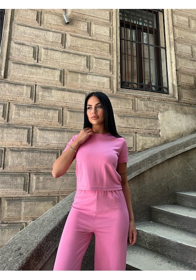 WeShaya Pembe Modal Polyester Palazzo Cepli Takım Pembe