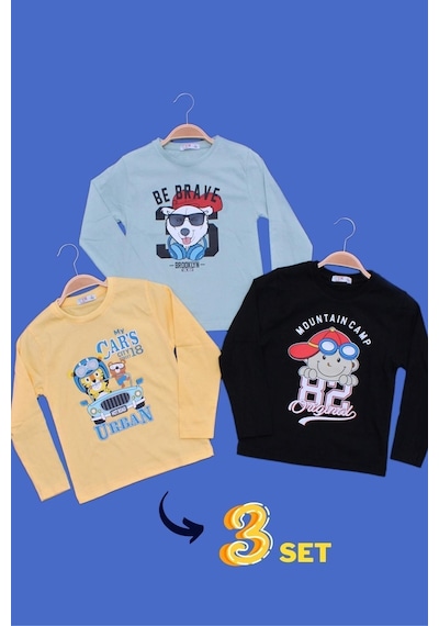 Panios Kids 3'lü Football-follow-big Farklı Baskılı Erkek Çocuk Uzun Kol Mint Yeşil-sarı-siyah Sweatshirt Çok Renkli